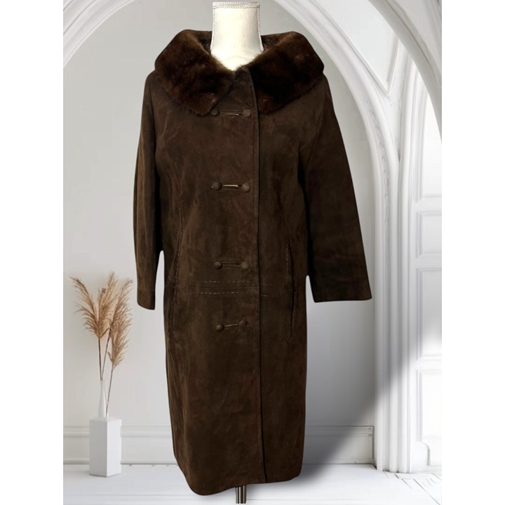 60s Dayton's Brown Leather Suede Long A Line Coat With Mink Collar Size 6