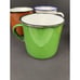 Set of 4 Vintage Peacock Enamelware Camping Mugs Green Orange Brown White China
