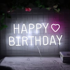 Large Bright Pink Heart Happy Birthday LED Light Sign Celebration Decor
