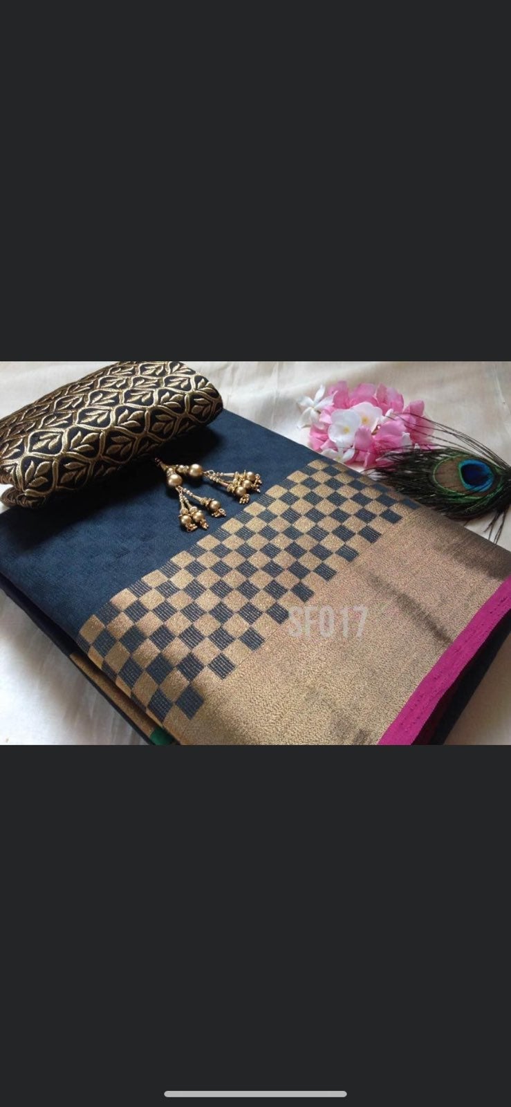 Tussar Silk Saree black/golden checked