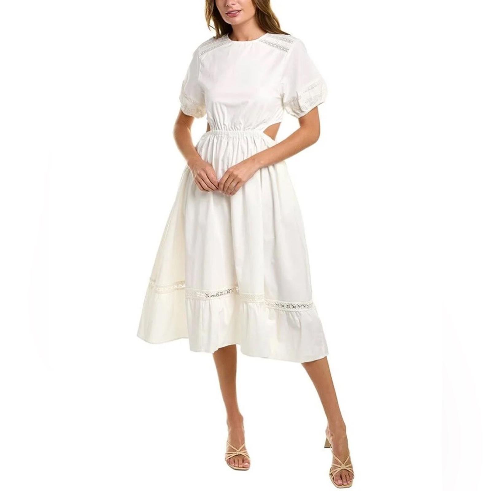 Leota Michelle Lace Trim Poplin Midi Dress, White Size L New w/Tag