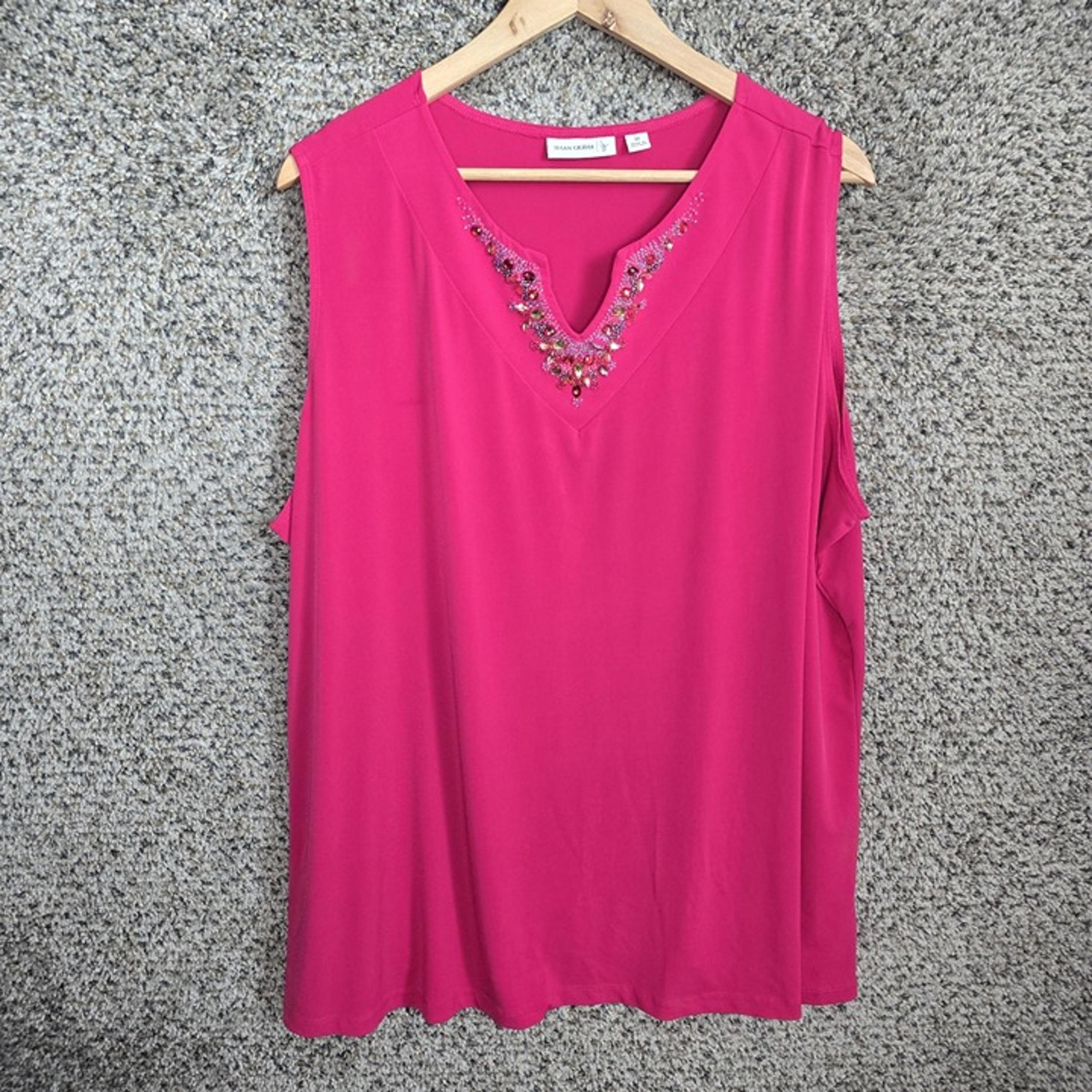 Susan Graver Top Womens Plus 3X Pink Liquid Knit V Neck Beaded Blouse Sleeveless