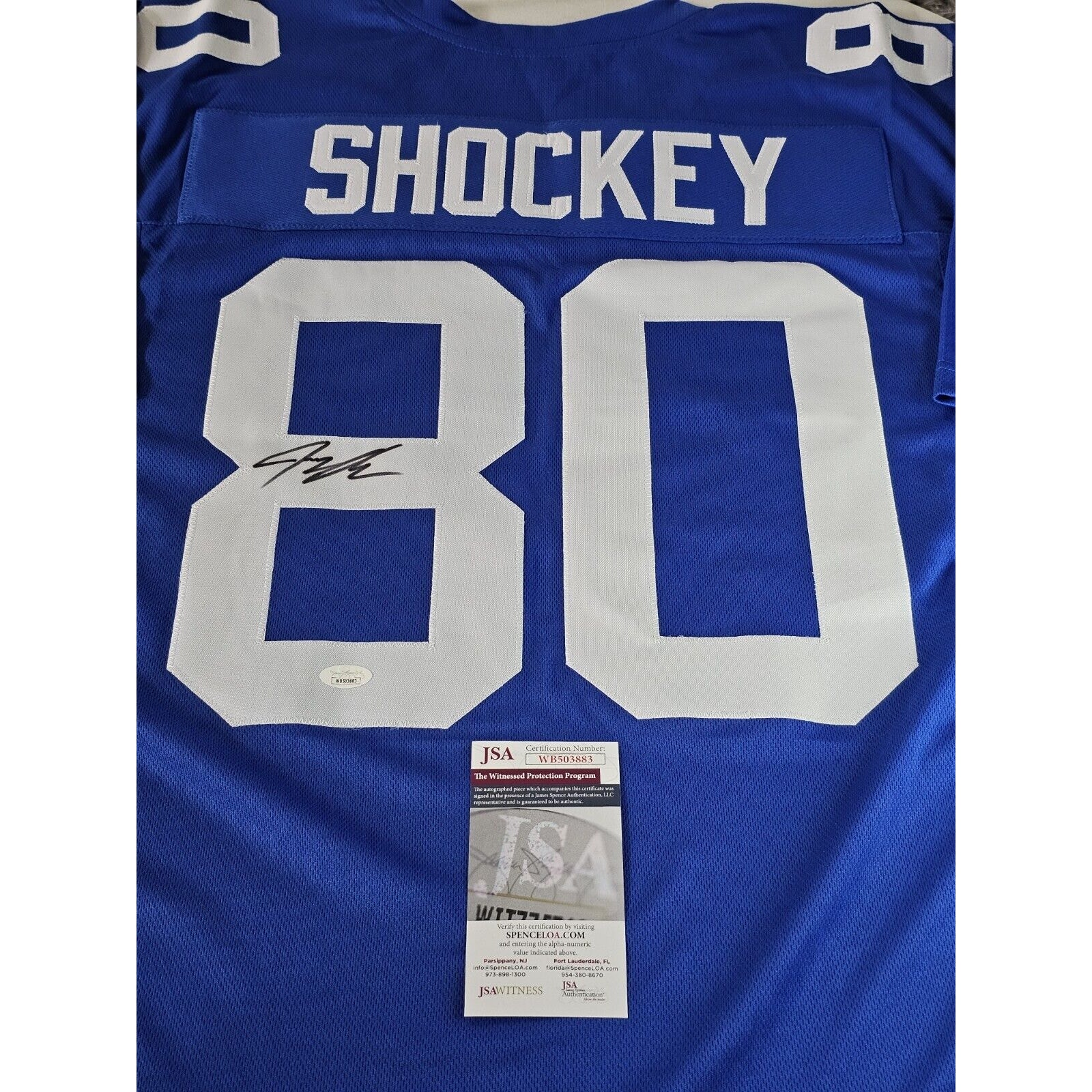 Jeremy Shockey Autographed/Signed Jersey JSA COA Blue Custom Jersey