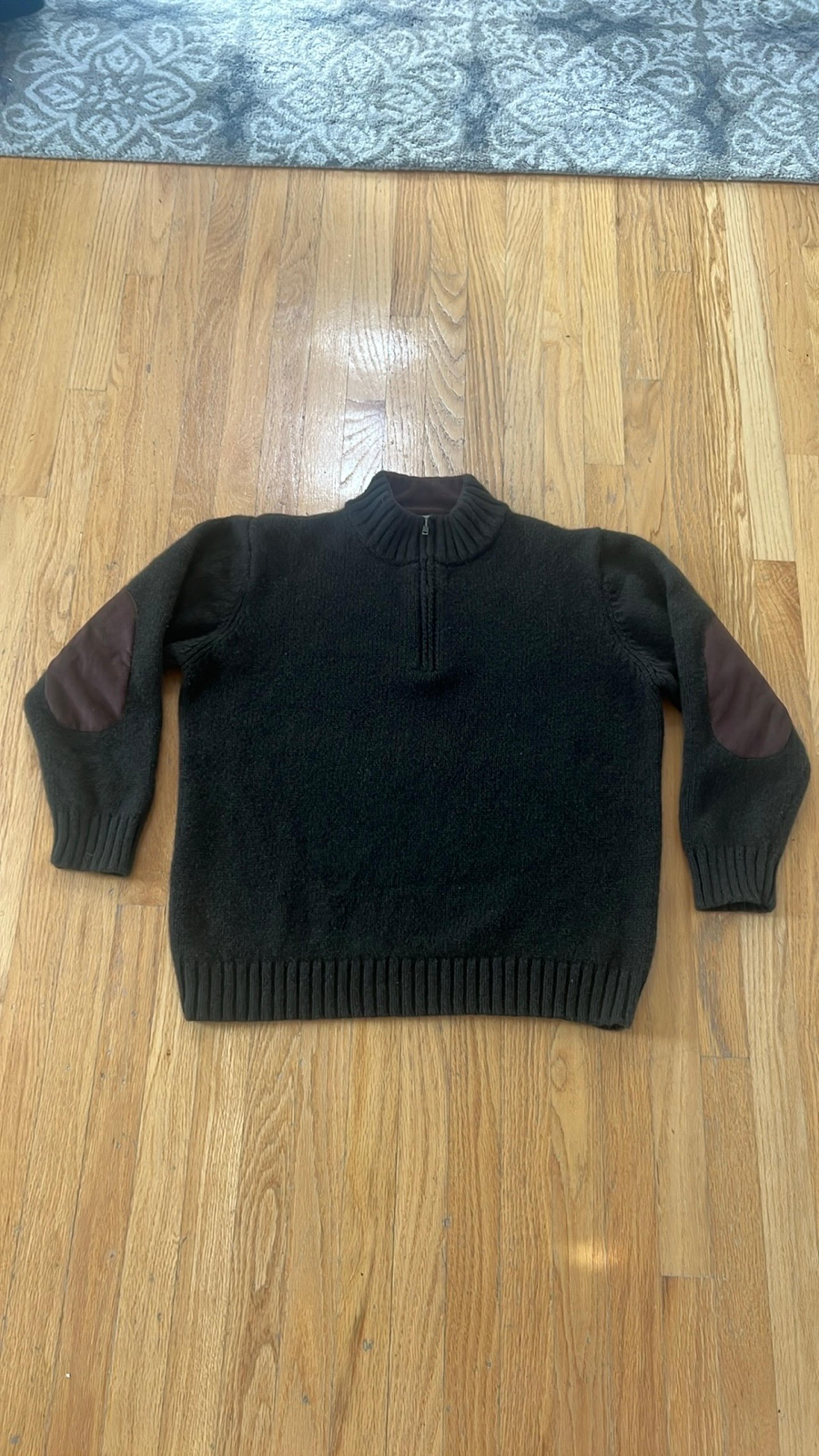 L.L. Bean Shetland Wool Green 1/4 Zip Sweater Brown Suede Elbow Patches Mens XL