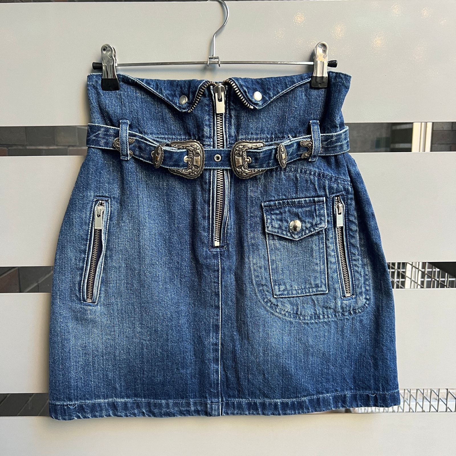 The Kooples Western Double Buckle Denim Mini Skirt Size 1 (Small)