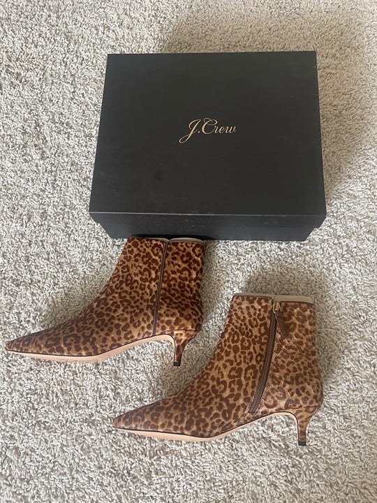 J.CREW FIONA KITTEN-HEEL ANKLE BOOTS IN LEOPARD CALF HAIR. COLOR: DUSTY MINK.