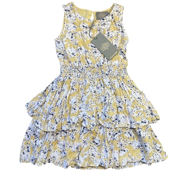 Creamie Tiered Sleeveless Dress Girls 7 Floral 100% Viscose Lined Yellow NEW