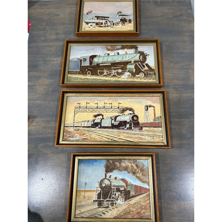 Lester E. Armstrong Locomotive Train Oil Paintings Artwork Set of 4 Framed Signe