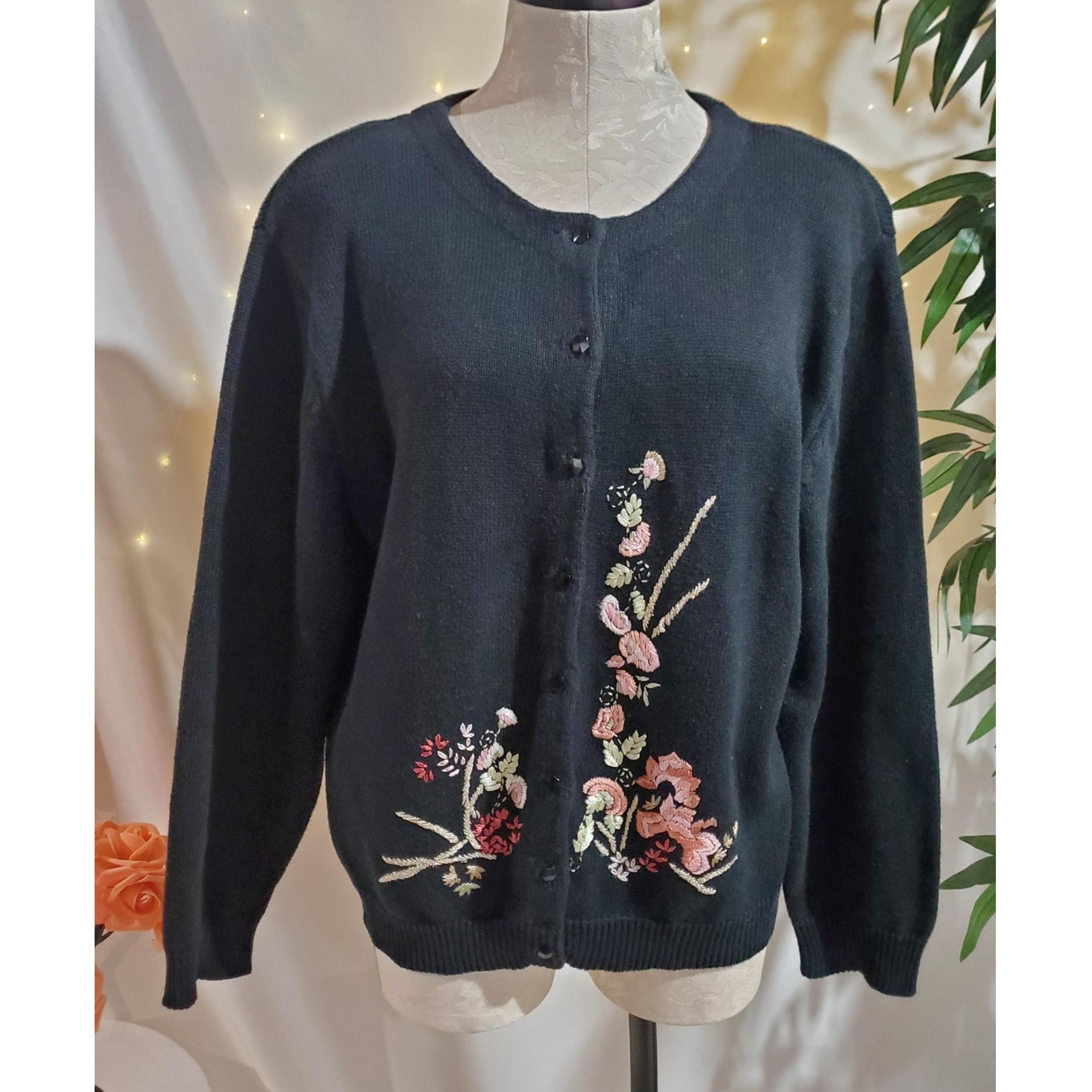 Vtg Heirloom Collectibles Embroidered Floral Button Cardigan Sweater Size L