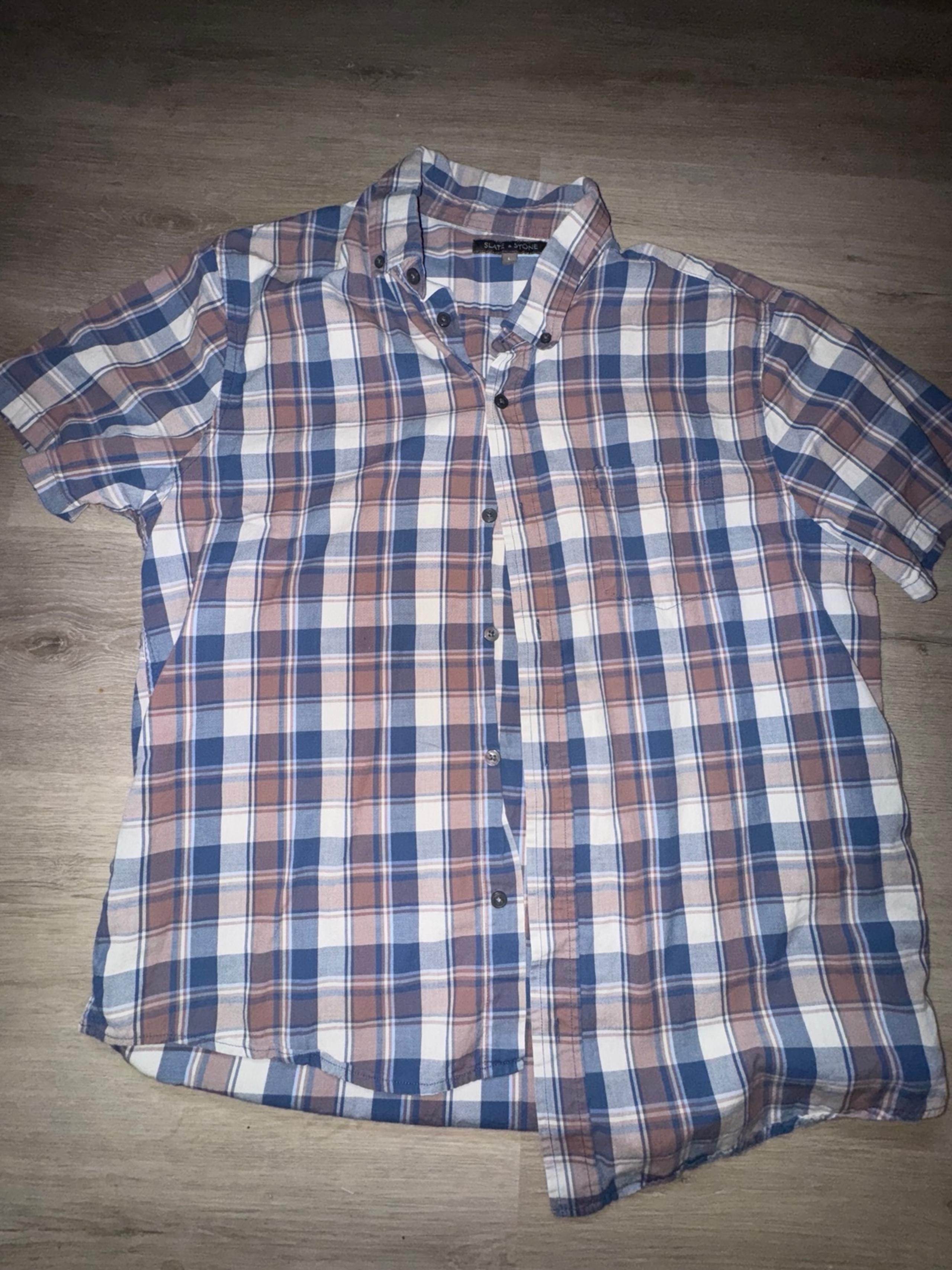 Men’s Slate And Stone Multicolor Check Short Sleeve Button Down Shirt Size L