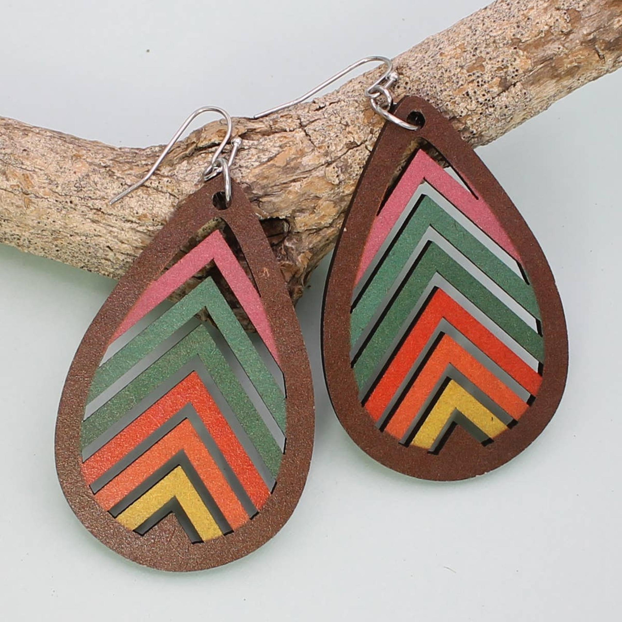 Natural Rainbow Stained Wood Teardrop Earrings