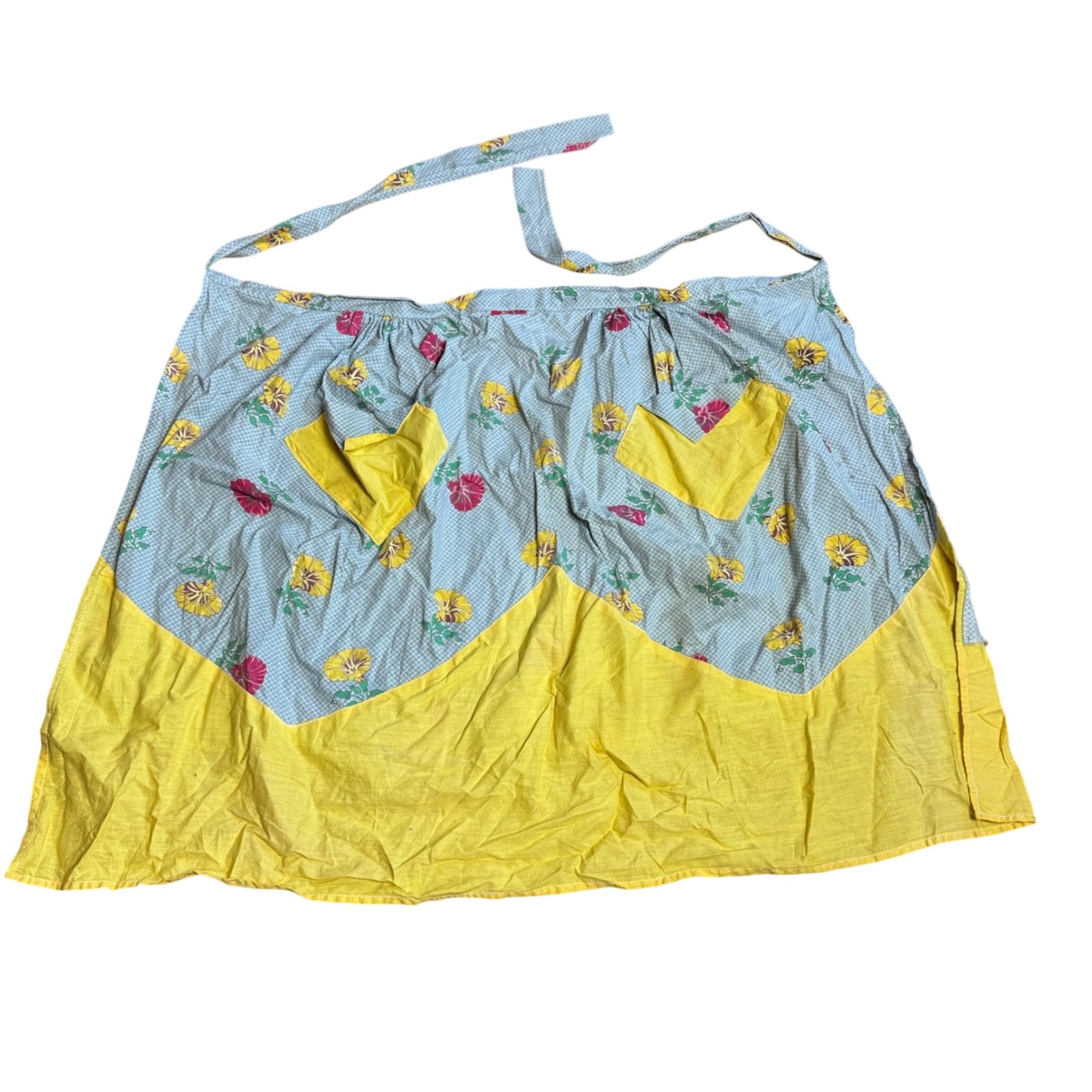 Vintage Hand Made Yellow Pink Floral Blue Plaid Half Kitchen Apron