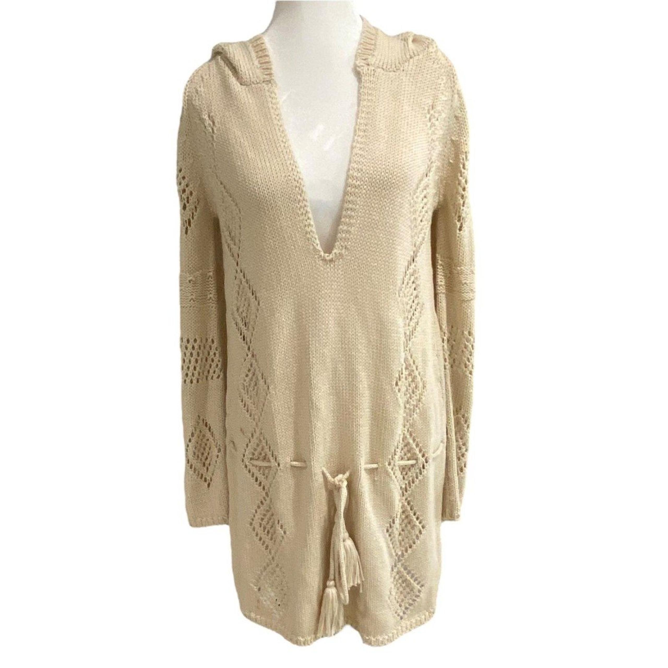 Zara Women Sweater Oatmeal Swimsuit V Neck Coverup Crochet Hodded Dress Small