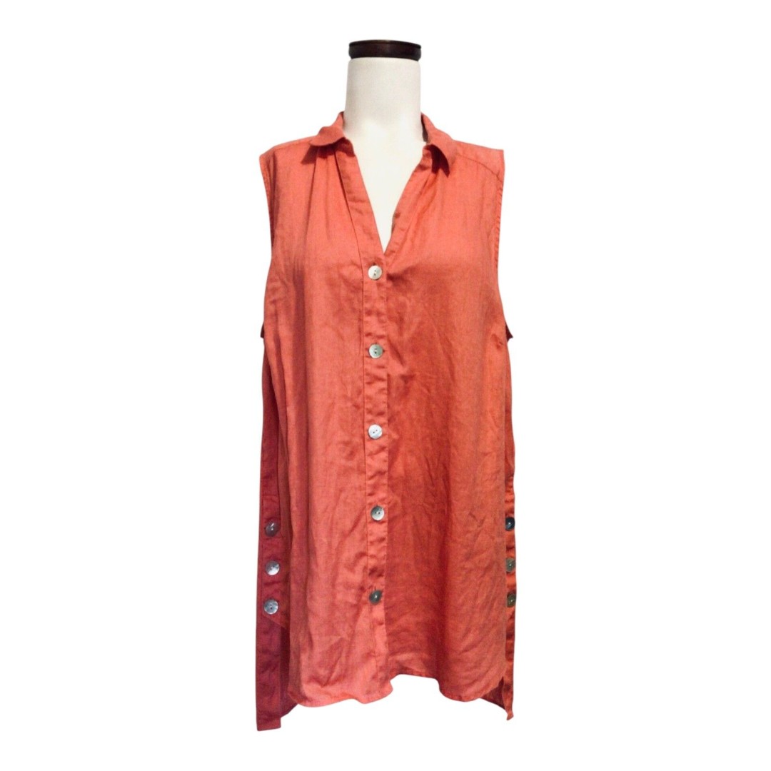 J Jill Love Linen Button Down Accent Orange Tone Blouse Sz L