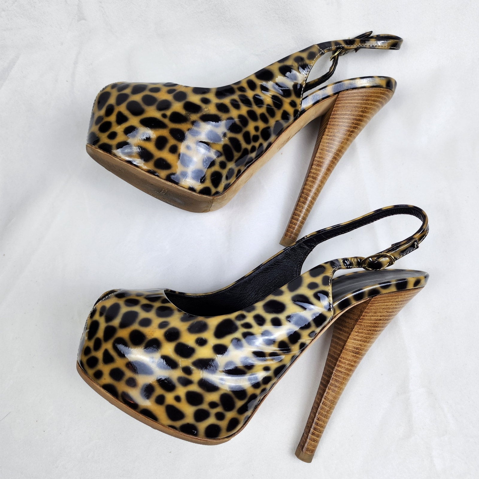 Giuseppe Zanotti Mob Wife Cheetah Print Patent Leather Peep Toe Heels US 7 EU 37