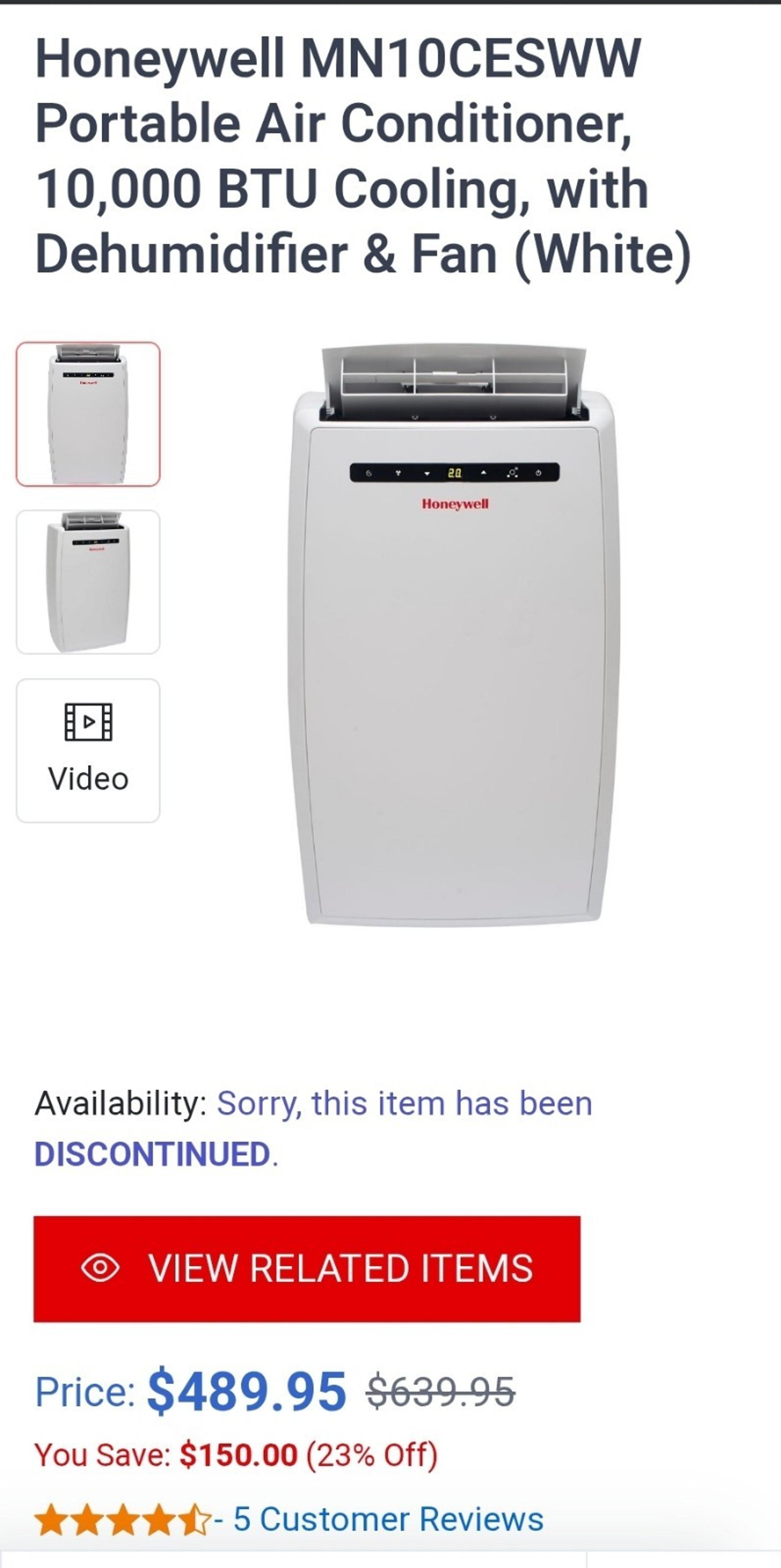 Honeywell MN10CESWW Portable Air Conditioner, 10,000 BTU Cooling, with Dehumidif