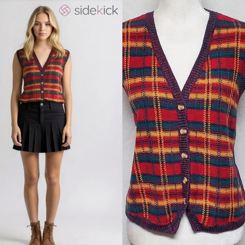 90s Vintage Northwest Colorblock Plaid Spacedye Ribbed Button Up Sweater Vest S
