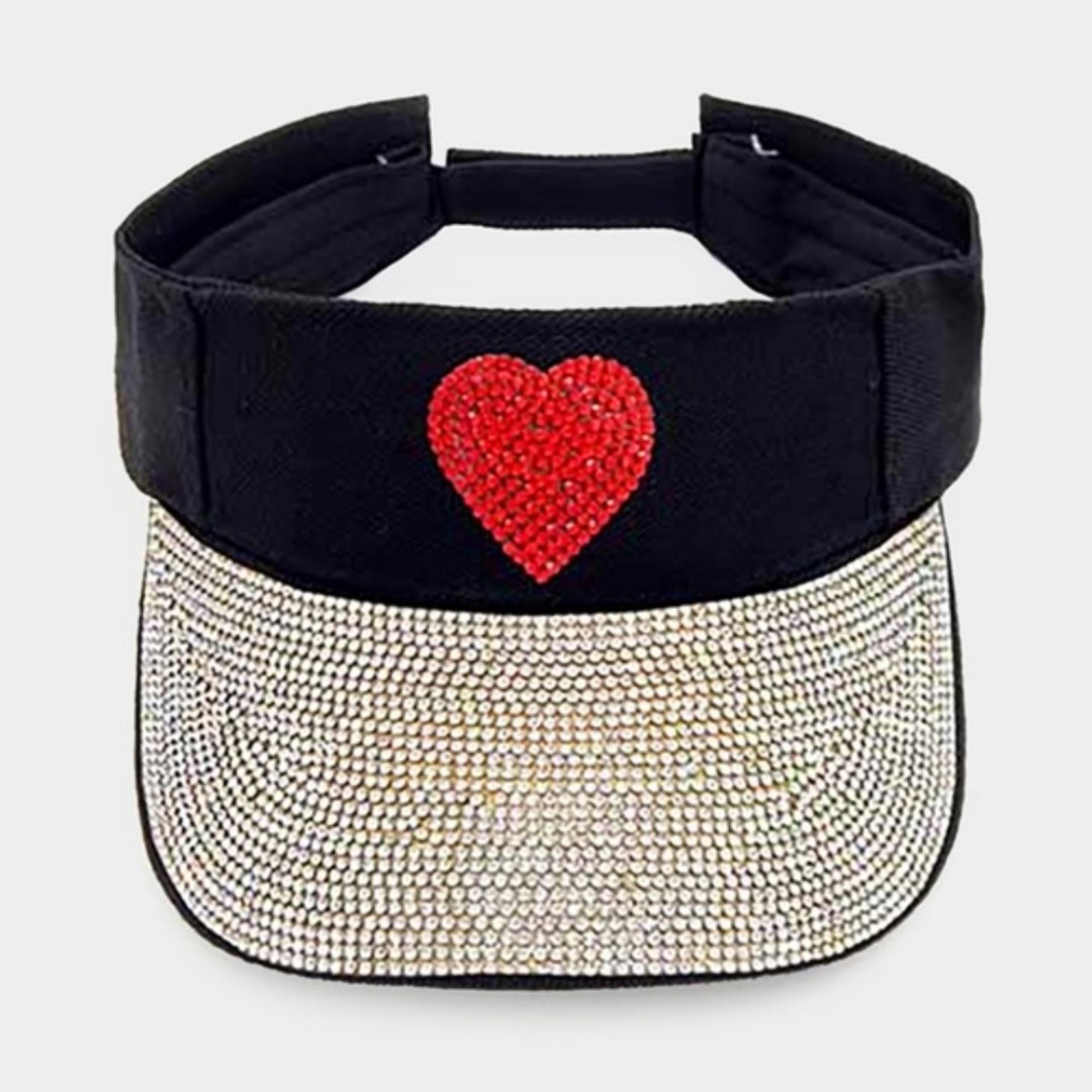 Black Silver Red Heart Rhinestone Crystal Brim Visor Sun Hat Statement Accessory