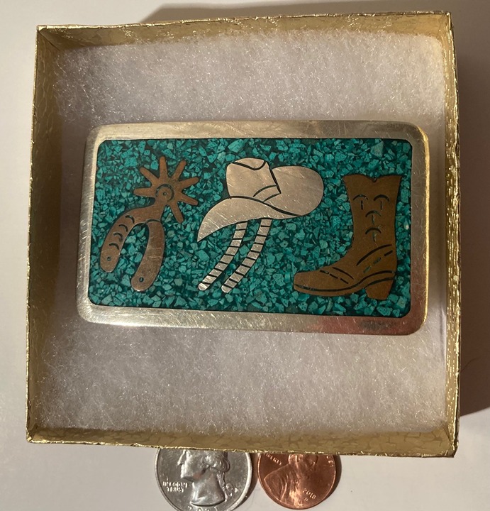Vintage Metal Belt Buckle, Silver with Nice Crushed Malachite Turquoise Stones