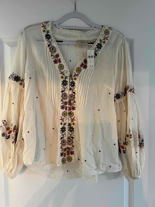 Anthropologie Vanessa Virginia White Top Embroidered Peasant Cottagecore Size M