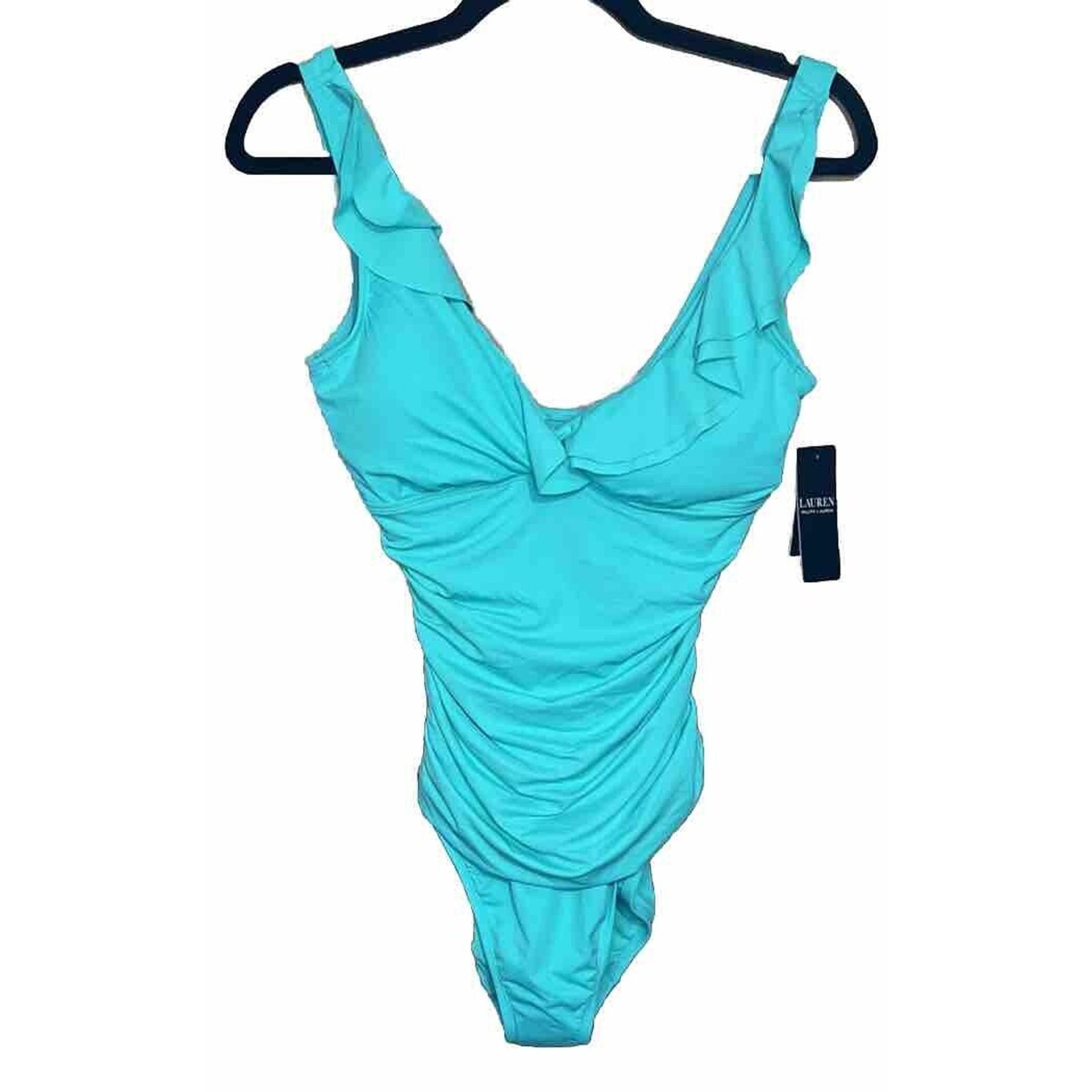 Womens Ruffle Solid One-Piece Swimsuit Green Size 4 - Ralph Lauren