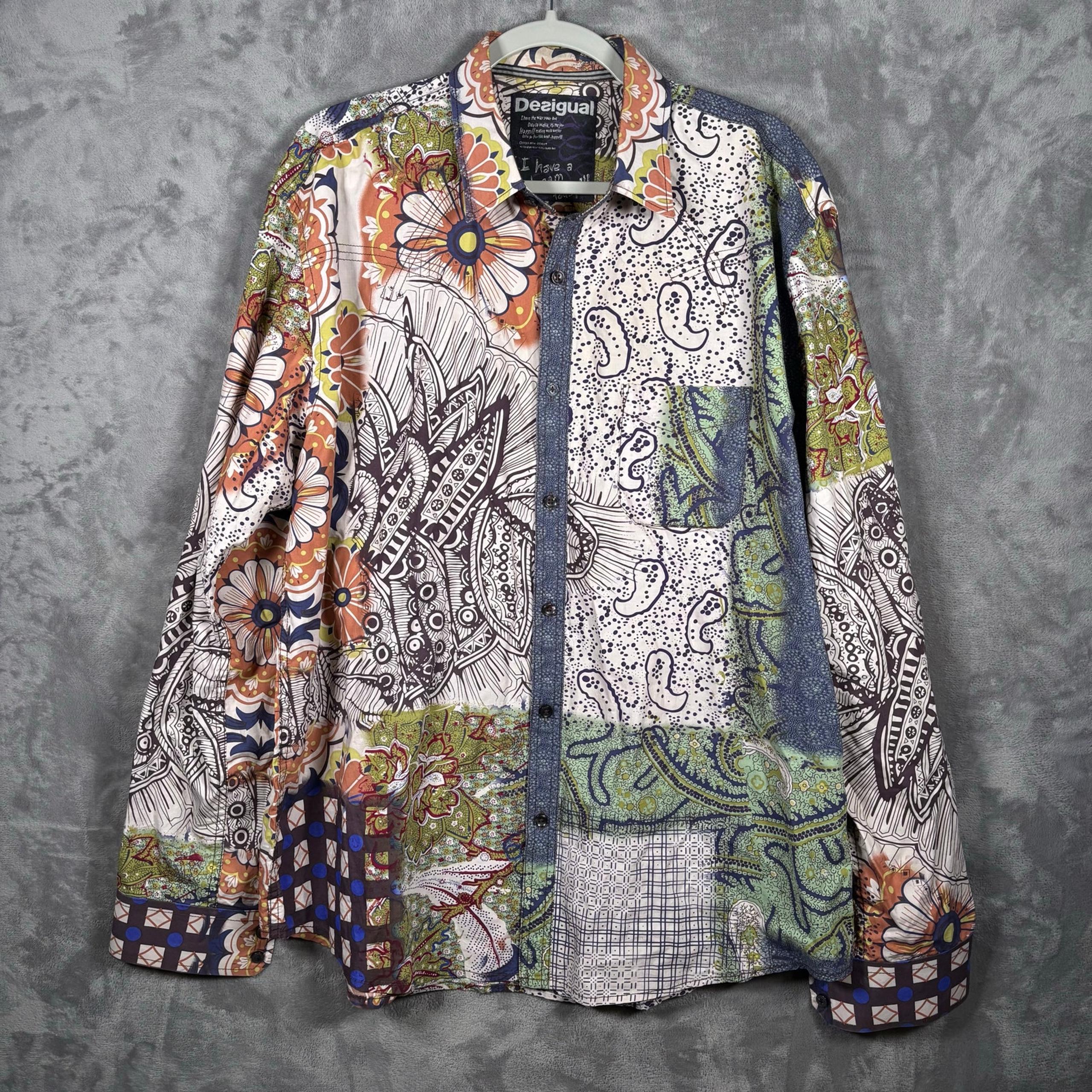 Desigual Men’s XXL Patchwork Shirt Floral Paisley Multicolor Button-Up Bohemian