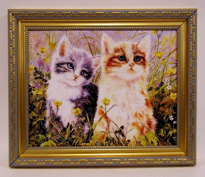 Hand Textured Canvas Print of Painting Two Kittens by M. Maximin Gold Frame