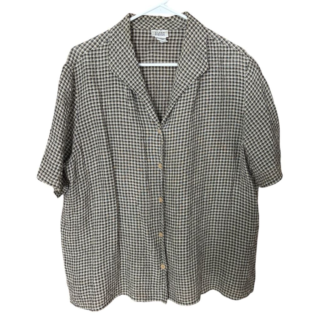Eileen Fisher Linen Blend Textured Checkered Shirt Blouse Size Large Black Tan