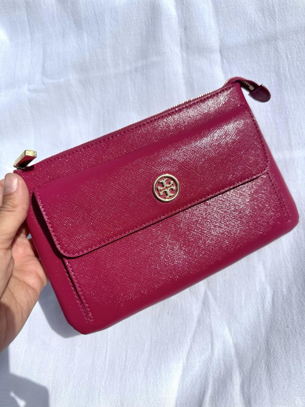 TORY BURCH PINK RASPBERRY LEATHER REVA POUCH CLUTCH ZIP WALLET