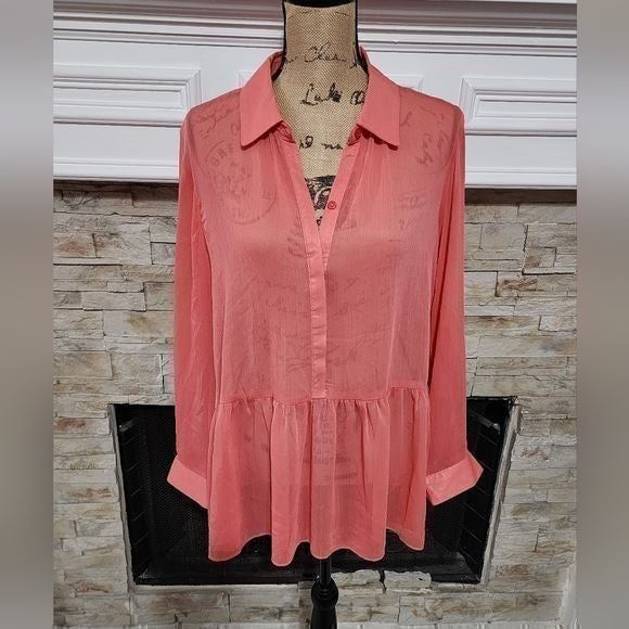 Cupio long sleeve sheer pink peplum button down shirt size large NEW!!!