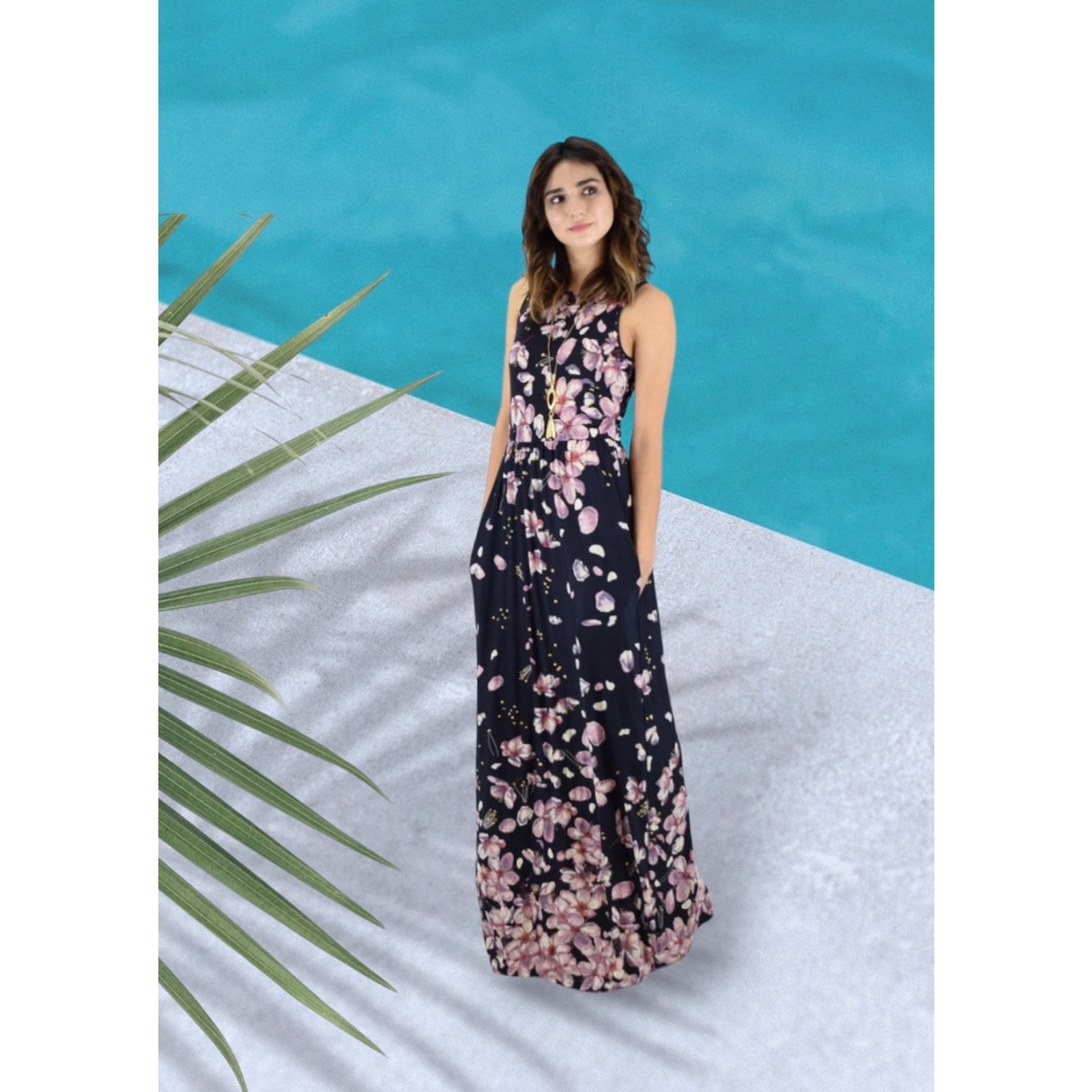 Adorable Maxi Navy Blue Floral Eloges Sleeveless Dress XLarge