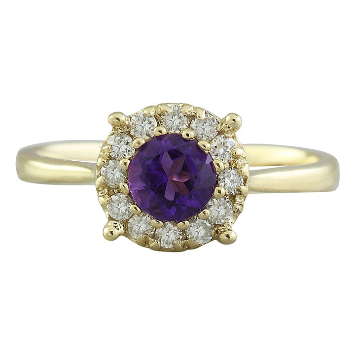 0.72Ct Natural Round Purple Amethyst & Diamond Halo Solitaire Ring 14k Yellow