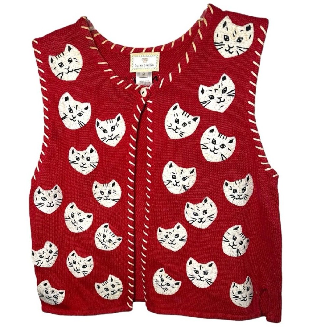 Vintage Women's 90s Susan Bristol Red White Novelty Cat Patch Sweater Vest Sz M