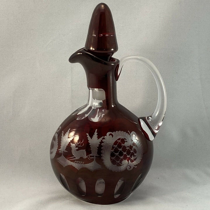 Egermann Czech Bohemia Crystal Ruby Red Decanter Stag Castle Tall 10.25 in