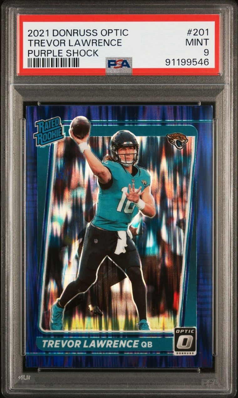 2021 Donruss Optic Trevor Lawrence Purple Shock Prizm Rated Rookie RC #201 PSA 9