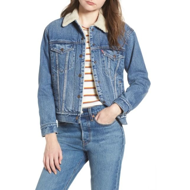 Levi's Womens L Blue Ex-Boyfriend Faux Fur Lined Denim Jacket Snap Front Pockets