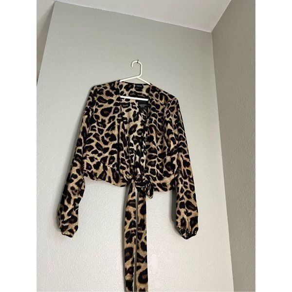 New Torrid Womens Black Brown Leopard Print Wrap Top Long Sleeve Size 1 1x