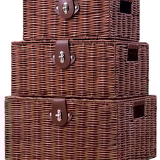Woven Wicker Storage Basket Box with Lid & Lock Set of 3 Natural