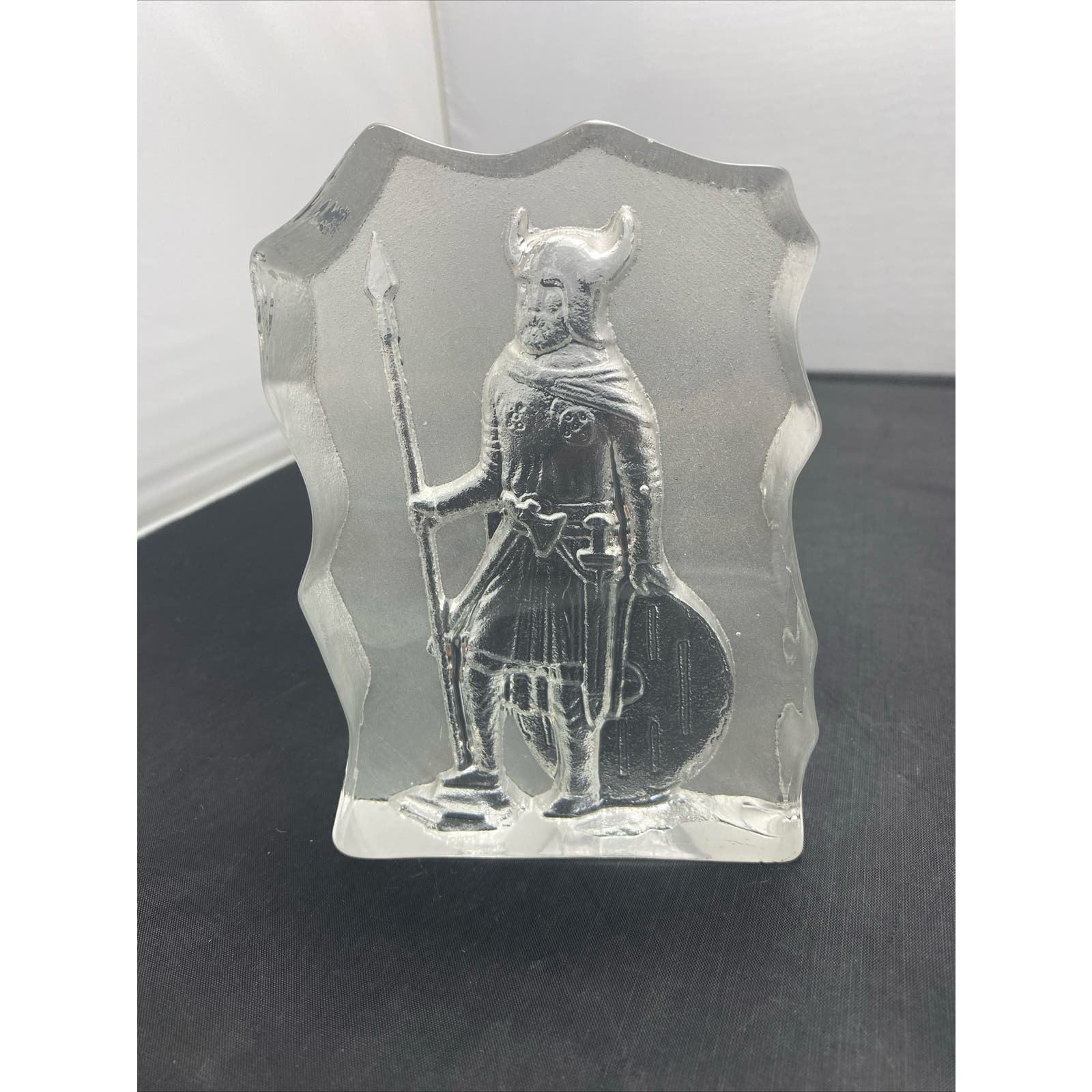 Vintage Swedish Viking Paperweight Glass Frosted Glass Etched Design- Heavy