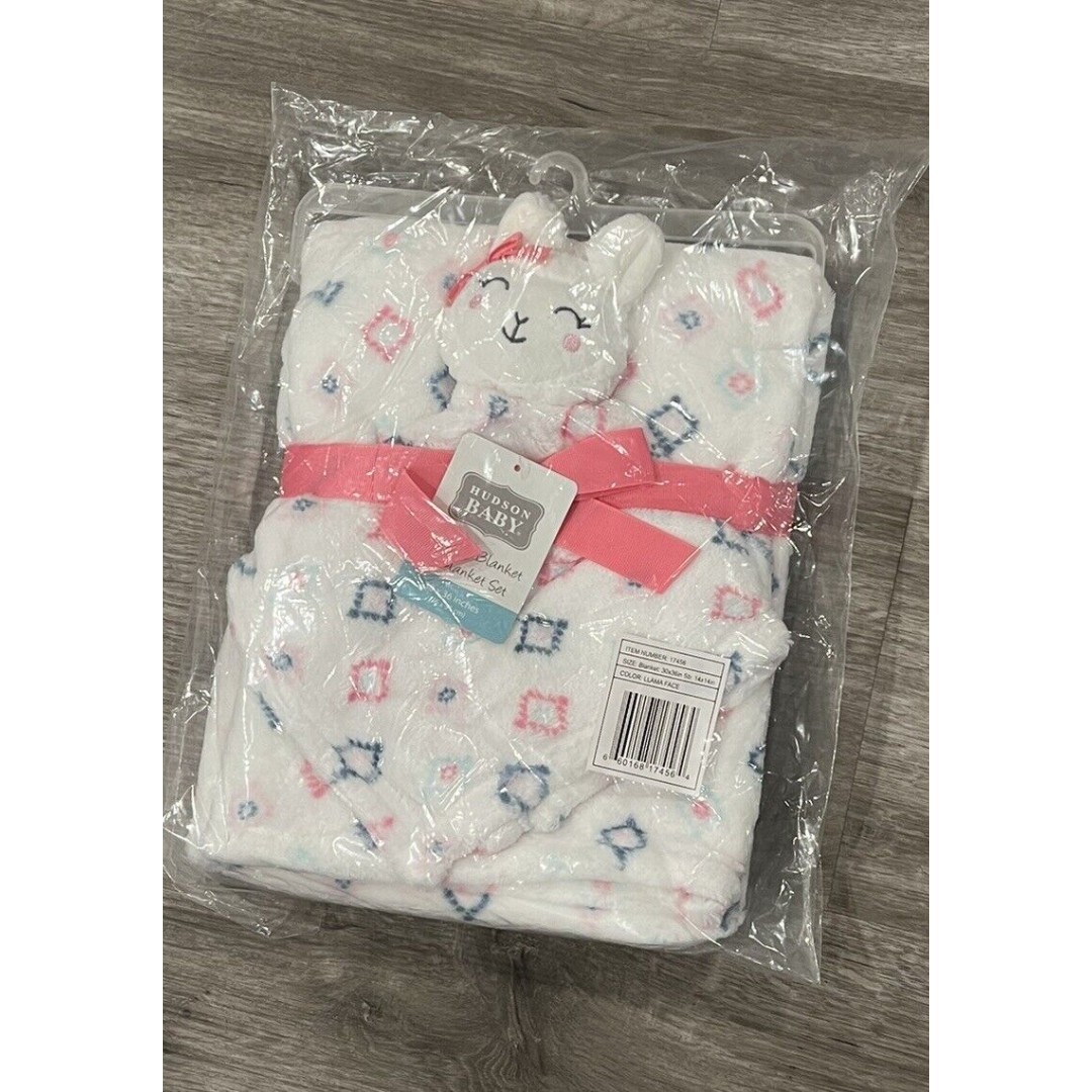 Hudson Baby Llama Face Baby Blanket Lovey Set White Pink Embroidered Girls New