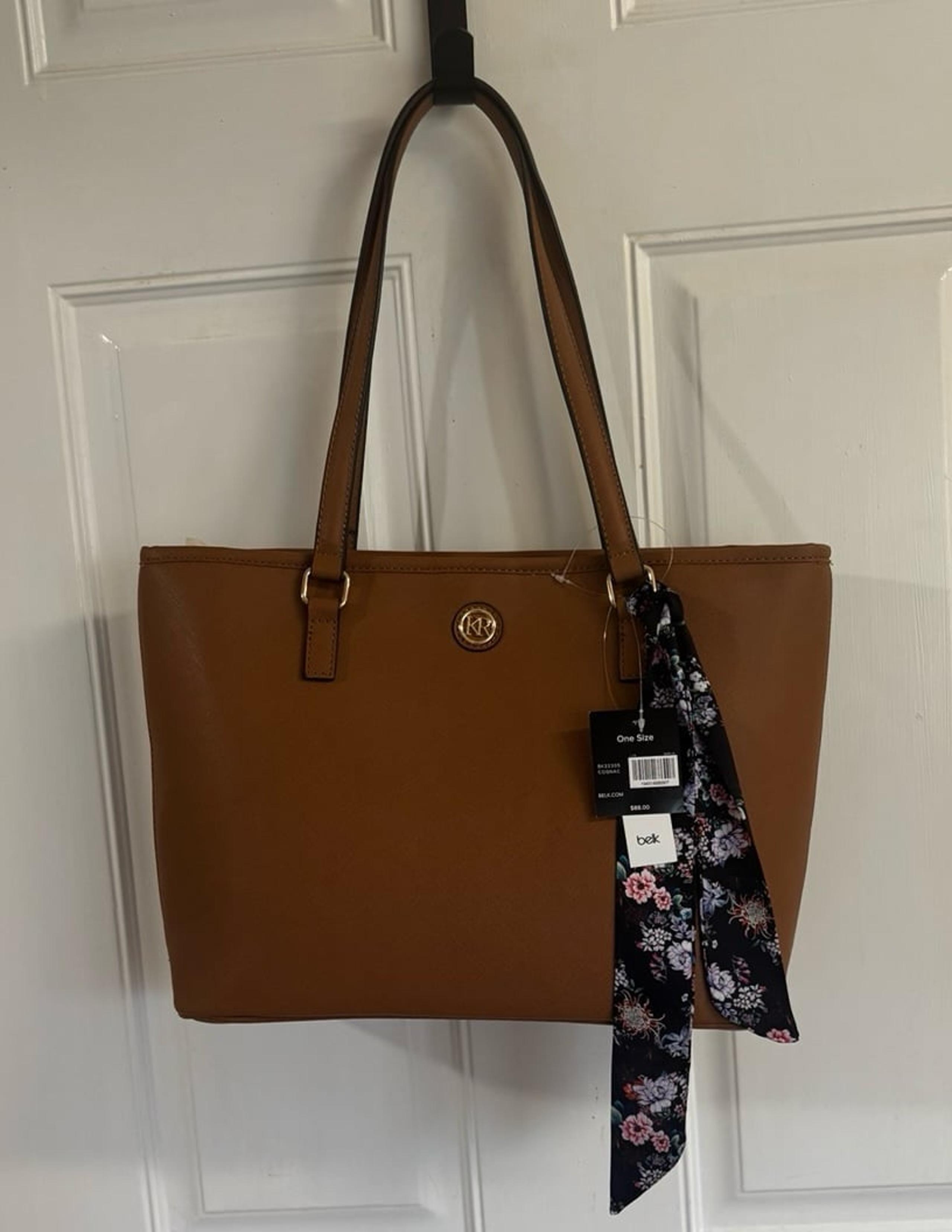 NWT Kim Rogers Brown Saffiano Tote with Rose Print Scarf magnetic close tote.