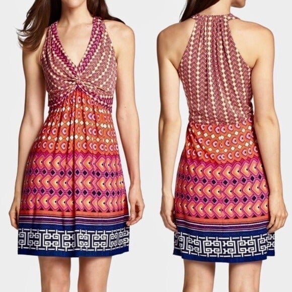 Laundry by Shelli Segal Size 4 Orange Navy Geo Knot Middle V-Neck Sheath Dress