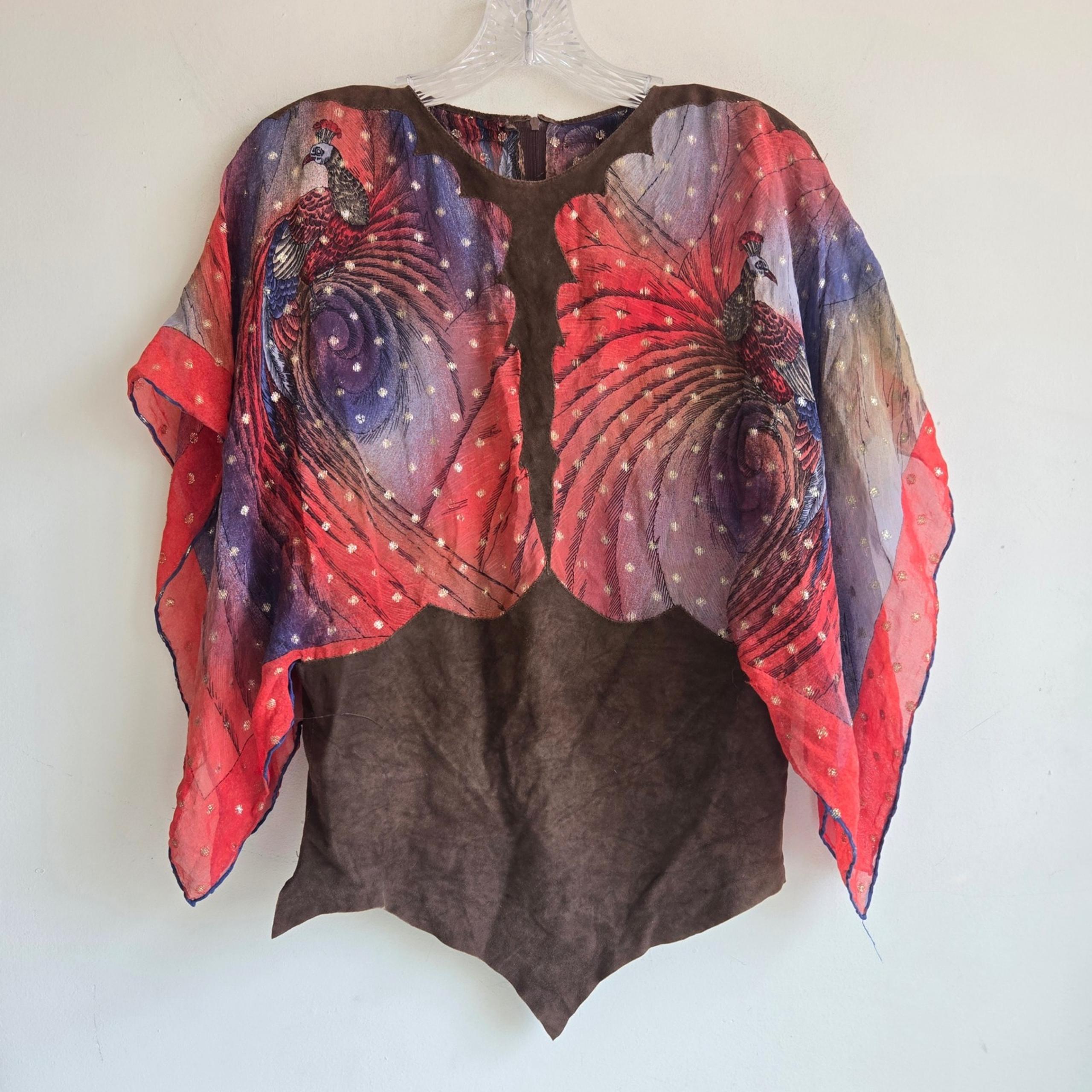 Vintage Suede and Silk Bird Animal Print Flare Sleeve Flutter Bohemian Boho Top