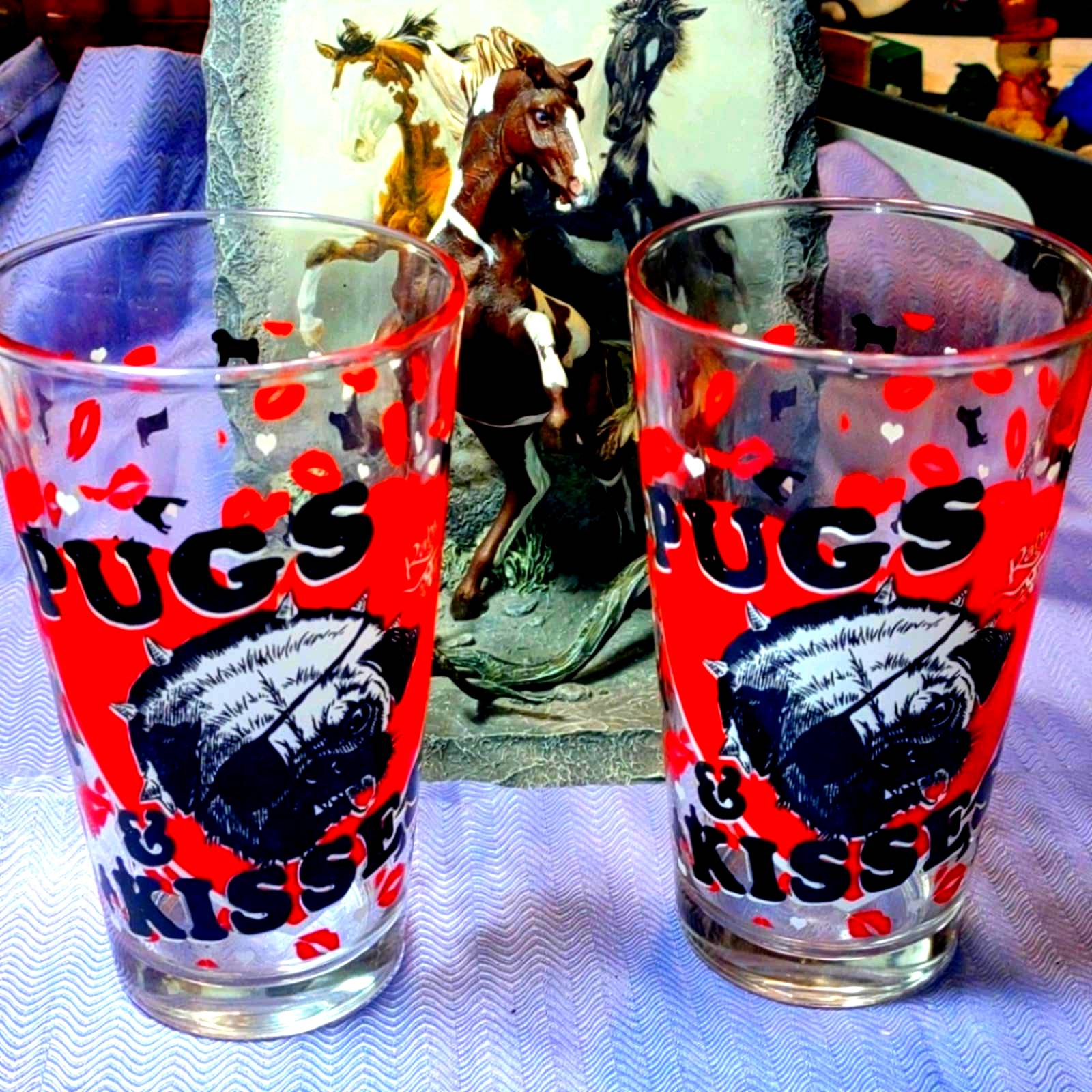 Vintage Pugs and Kisses drinking glasses