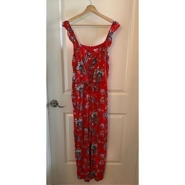 Loft Red Floral Tie Front Jumpsuit