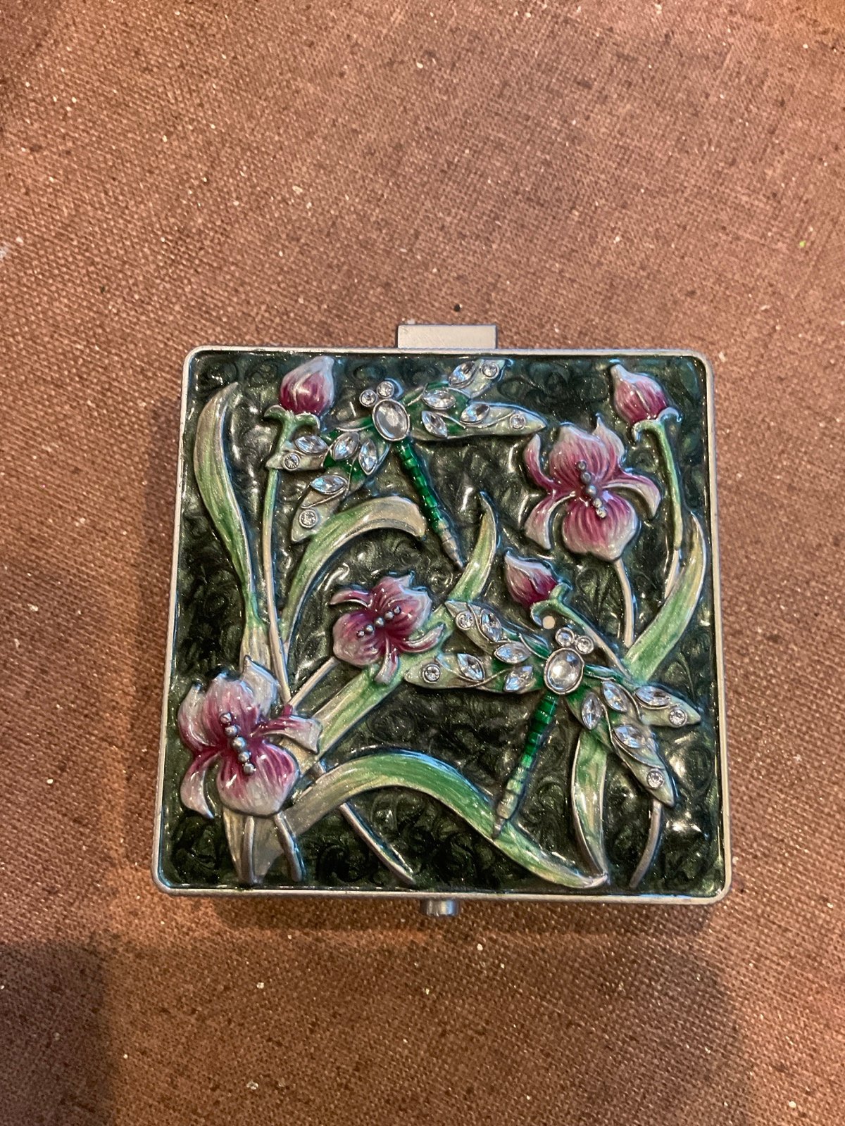 Vintage Hinged Lined Mirror Floral Dragonfly’s trinket box
