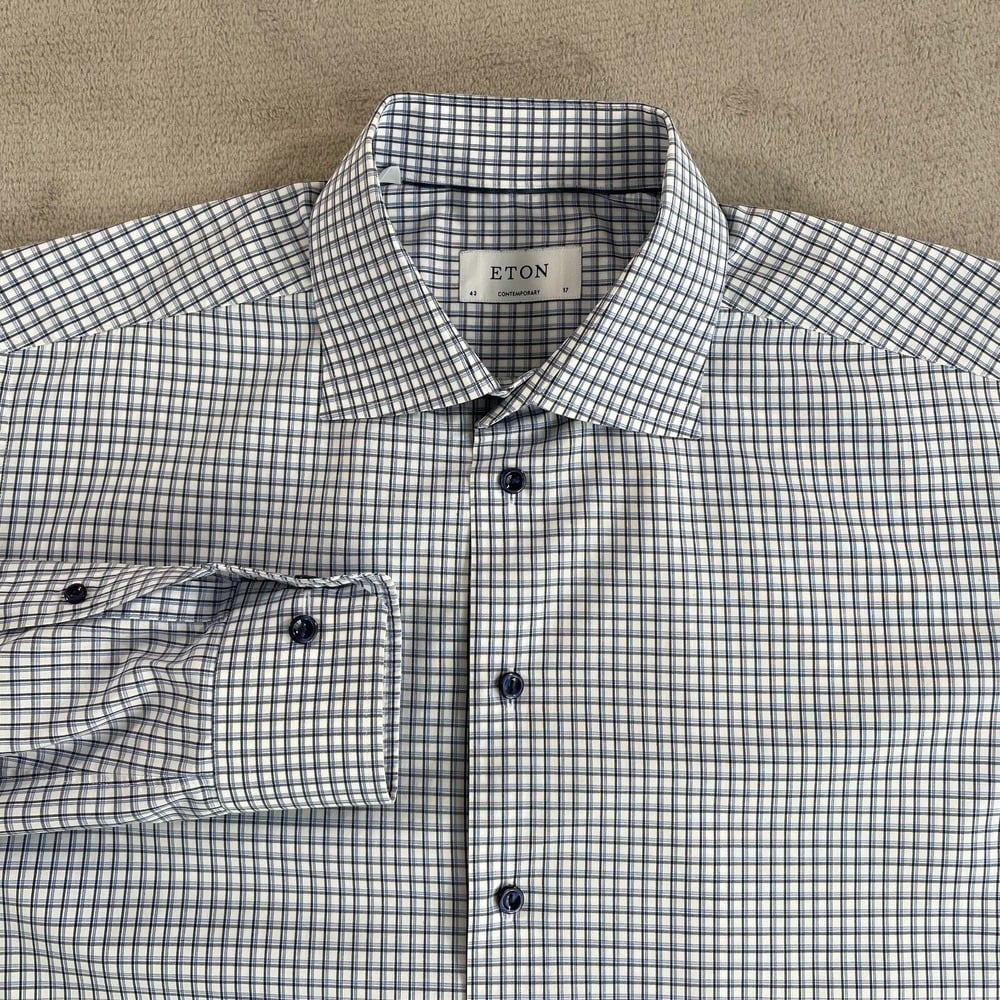 ETON Contemporary Dress Shirt men 43 17 Blue Black Check Long Sleeve Designer