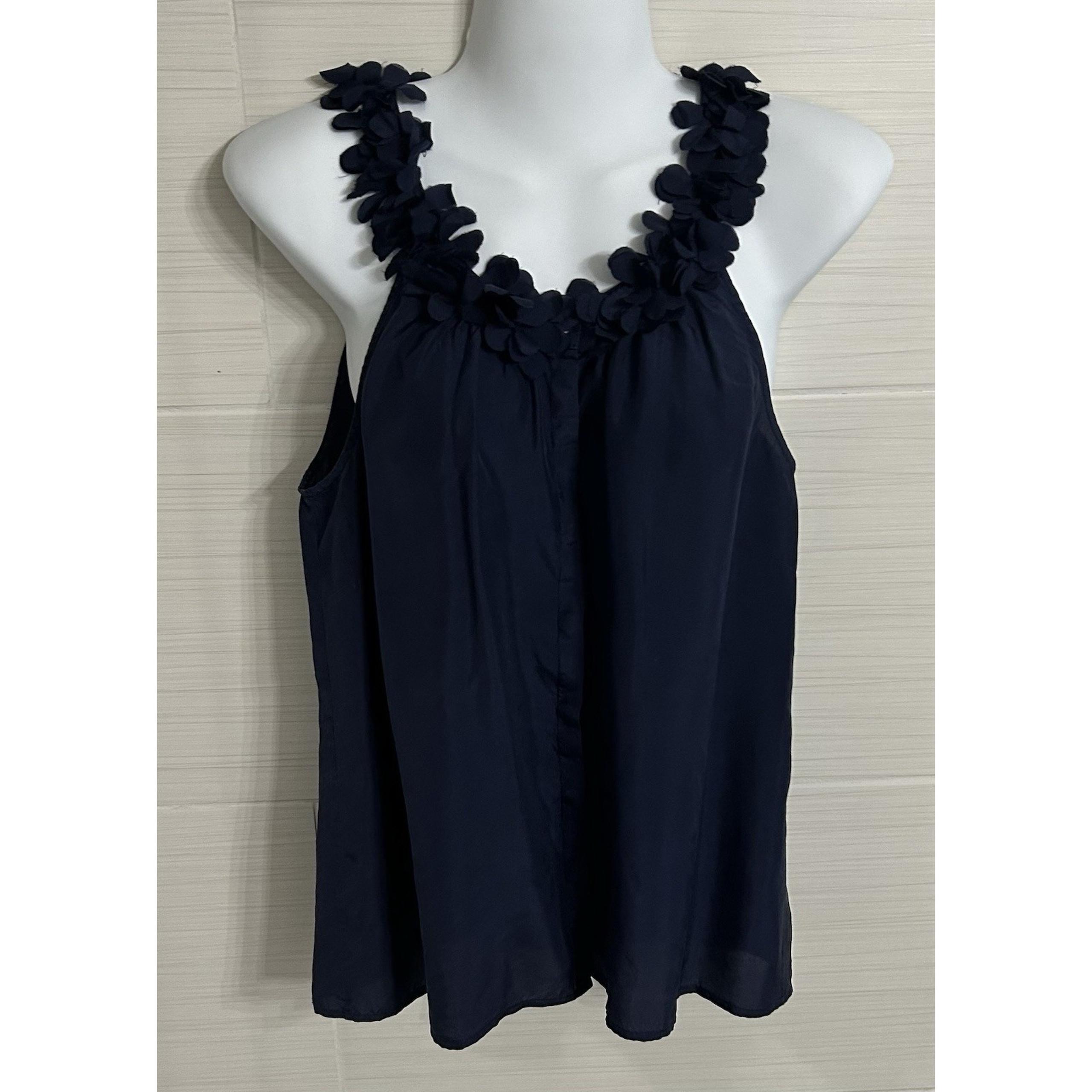 J. Crew Navy Blue 100% Silk Garland Neck Button Up Cami Tank Blouse M