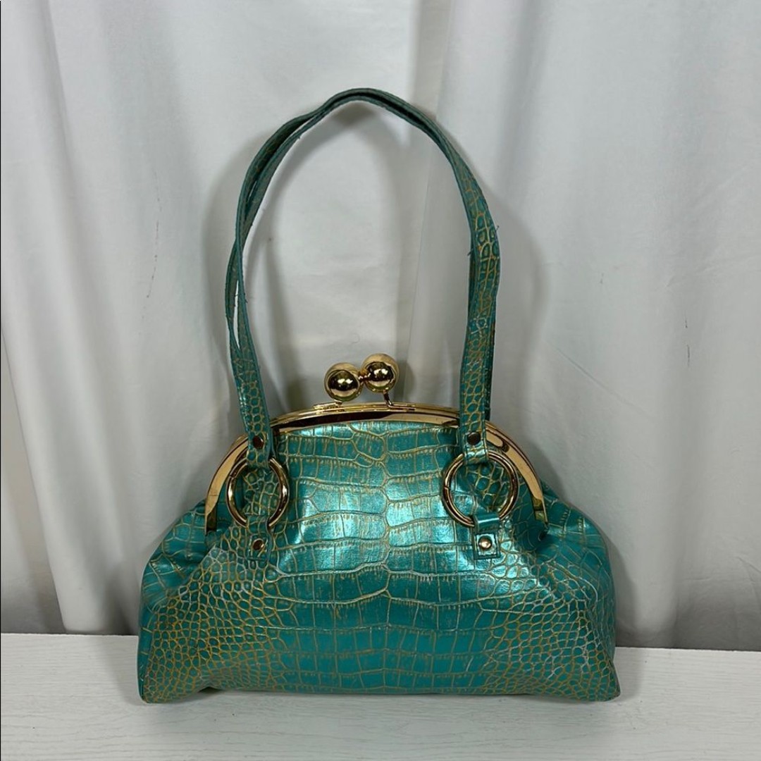 Elegant Teal Crocodile-Embossed Handbag