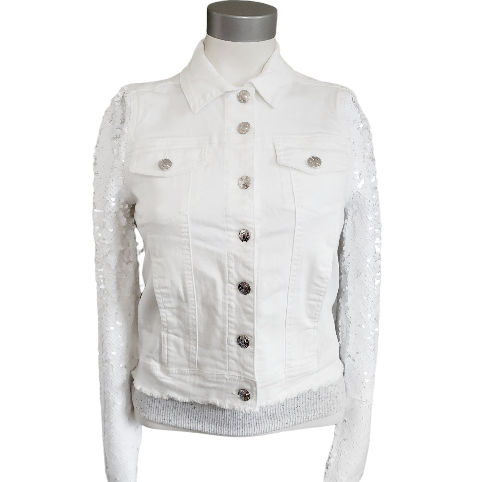 GENERATION LOVE Rosie sequined sleeve white raw hem denim jeans jacket Sz L NEW
